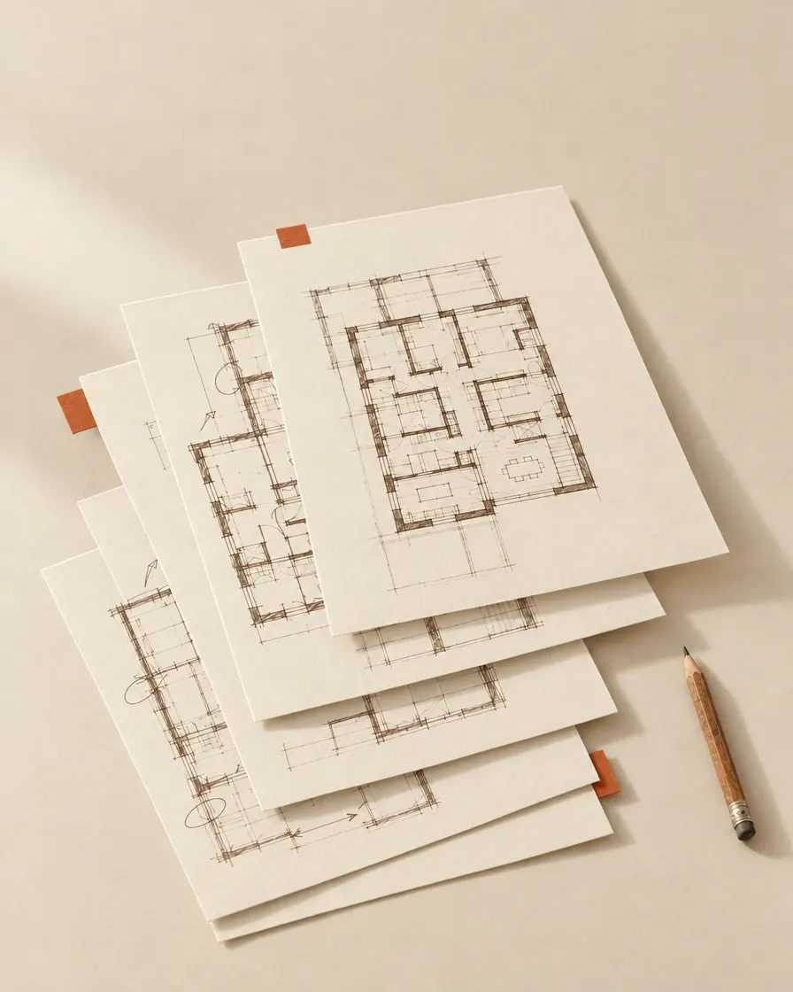 A stack of drawing sheets showing ever more detailed versions of the same floor plan, from rough sketch to clean drawing.